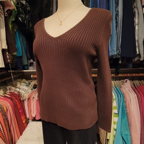 RALPH LAUREN ♡ Gorgeous Vintage Brown V Neck 'n Back Wide Ribbed Knit Sweater S - Picture 5 of 15